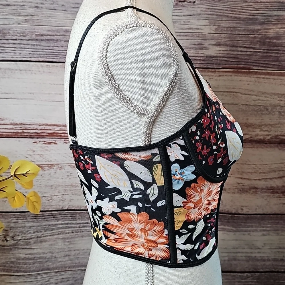 NEW SHEIN BLACK FLORAL EYELASH TRIM UNDERWIRE CORSET - Picture 3 of 11